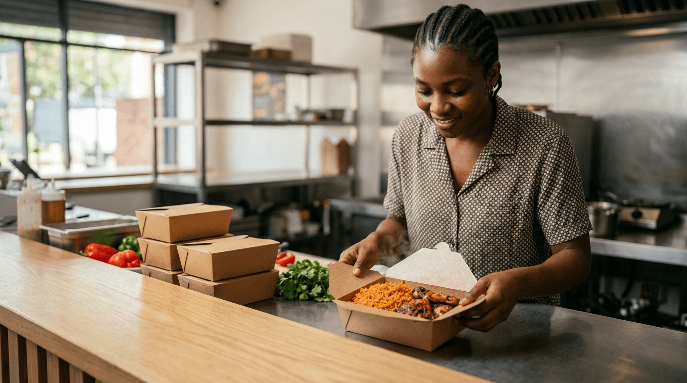 Vendor packing jollof rice and grilled chicken into takeaway boxes